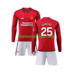 Camisola Manchester United Sancho 25 Criança Equipamento Primeiro 2023-2024 Manga Comprida